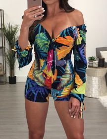 Ladies' Long Sleeved Vacation Elegant And Fashionable Plant Printed Cuffs With Drawstring Design, Chest Strap, Jumpsuit (Option: MU-S)