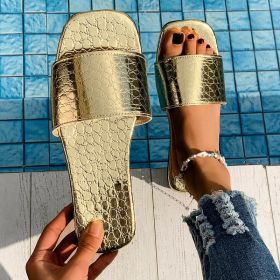 Fashion Crocodile-textured Slides Slippers Summer Square Toe Flat Sandals Summer Seaside Vacation Beach Shoes For Women (Option: Gold-Size37)