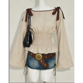 Maillard Western Style One Shoulder Strapped Waist, Trumpet Sleeves, Linen Top (Option: Khaki-M)