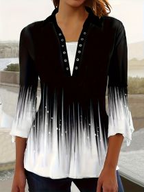 Spring And Autumn New Printed Lapel Three-quarter Sleeve T-shirt Irregular Cuff Button Top (Option: S)