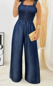 Stylish Ruched Jumpsuit - Sleeveless, Shirred, Wide Leg, Solid Color, Button Decor, Casual, Spring & Summer Essential - Women's Fashion Clothing For W (Option: Deep Blue-S)