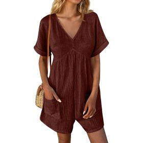 Womens Summer Romper Casual Short Sleeve V Neck Short Jumpsuits With Pockets (Option: Dark Brown-2XL)