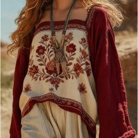 Bohemian Style Embroidered Color-blocked Loose Top For Women (Option: Red-XXL)