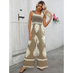 Women's Vacation Casual Sleeveless Printed Wide Leg Jumpsuit (Option: Khaki-S)