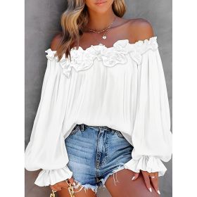 Women's Summer Off Shoulder Top Ruffle Long Sleeve Blouse Casual Loose Shirts (Option: White-S)