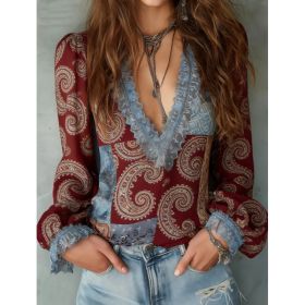 French Retro Style Printed Lace Patchwork Shirt For Women (Option: Claret-S)