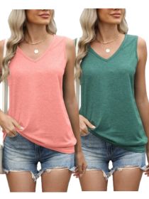 2 Piece V-Neck Solid Color Vest Loose Sleeveless T-Shirt Casual Top Women (Option: Multicolored-2pcs-S)