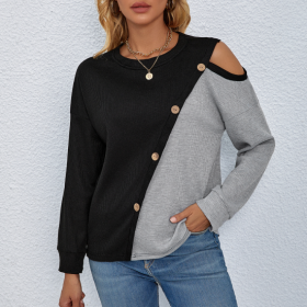 Women's Patchwork Simple Casual Versatile Long Sleeved Pullover Knitted Sweater (Option: Black-S)