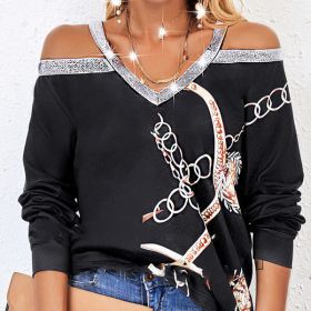Women's Fashion New Chain Printed Sequin Cold Shoulder Long Sleeved Sweatshirt With Exposed Shoulder Top (Option: Black-XXL)