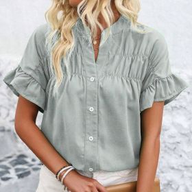 Womens Summer Ruffle Short Sleeve Button Down Shirts Dressy Casual V Neck Business Work Blouses (Option: Silvery Grey-XL)