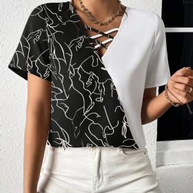 Ladies' Contrasting Color Splicing Striped Print Front Cross Strap Detail Design Versatile T-shirt (Option: Black-S)