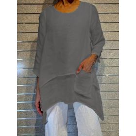 2026 Cross-border Summer New Women's Plus Size Elegant Series Loose Garden Collar Long-sleeved Top T-shirt (Option: Gray-XL)