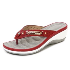Sandals Women Beach Wedge Fashion (Option: Red-35)