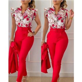 Printed Ruffle Sleeve Top Solid Color Pants Suit With Belt (Option: Red-M)