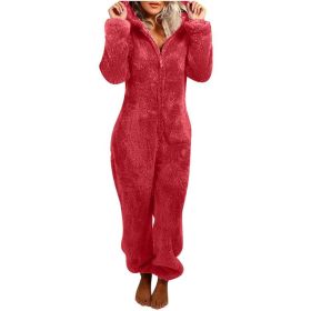European And American Autumn Winter Women's Wear Fleece-lined Thick Furry Jumpsuit Hooded Cat Ear Pajamas (Option: Watermelon Red-M)