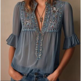 Floral Embroidery Shirts Women's V-neck Mid-sleeve Chiffon Blouse Casual Daily Office Clothing (Option: Dusty Blue-L)