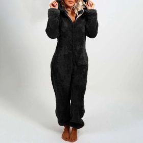 European And American Autumn Winter Women's Wear Fleece-lined Thick Furry Jumpsuit Hooded Cat Ear Pajamas (Option: Black-M)