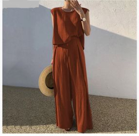 Cotton And Linen Casual Sleeveless Top Wide Leg Pants Two-piece Set (Option: Orange-L)