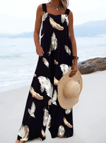 Women's Feather Printed Fashionable Casual Jumpsuit (Option: Black-S)