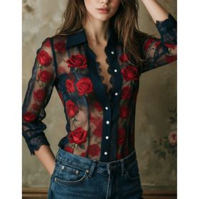 Lace Rose Embroidery V-neck Women's Long-sleeved Shirt (Option: 4 style-S)