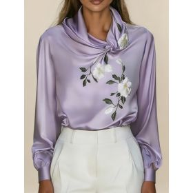 Women's French-style Elegant Satin Printed Turtleneck Long-sleeved Loose-fitting Shirt (Option: Purple-XXL)