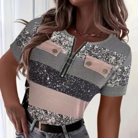Women's Color Block Zipper T-Shirt, Casual Short Sleeve Summer Top (Option: Gray Pink-S)
