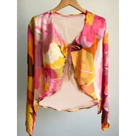 Abstract Floral Print Tie-Front Chiffon Cropped Cardigan (Option: Pink  Orange Floral-M)