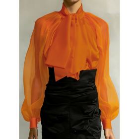 Women's French Retro Style Flowy Collar Slightly Sheer Puff Sleeve Loose Shirt (Option: Orange-M)