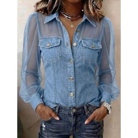 Collar Lace Long Sleeved Top (Option: Light Blue-M)