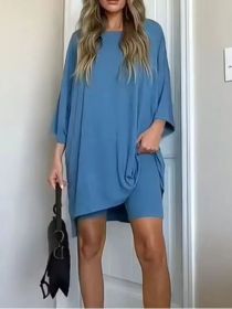 Women's Clothing Fashion Solid Color Loose T-shirt Tight Shorts Women (Option: Gray Blue-XS)