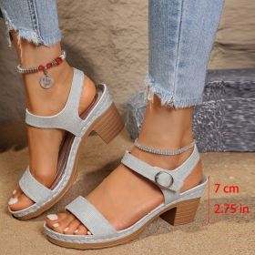 Open Toe With Buckle Chunky Heel High Heel Sandals (Option: Silver-37)