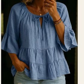 V-neck Three-quarter-sleeve Pleated Cotton-linen Blouse Top (Option: Sea Blue-L)