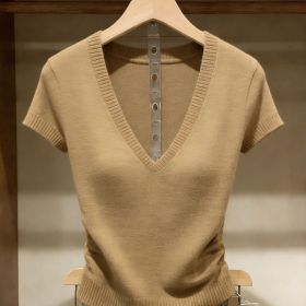 Solid-color Knitted Top For Women Super Stylish Slim-fit (Option: Khaki-M)
