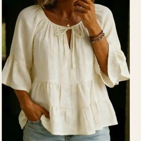 V-neck Three-quarter-sleeve Pleated Cotton-linen Blouse Top (Option: Light Yellow-M)