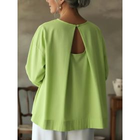 Women's Round Neck Loose Seven Quarter Sleeved Backless Top (Option: Green-M)