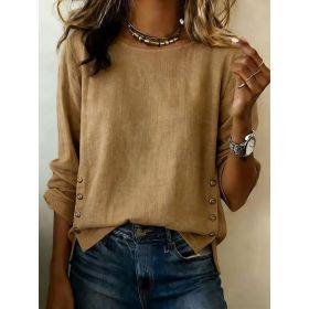 Casual Short Sleeve T-Shirt Solid Color Round Neck Pullover Tops For Women Clothing (Option: Khaki-3XL)