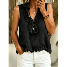 Fashionable V-neck Ruffled Sleeveless Tank Top (Option: Black-M)