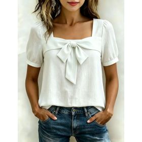 Womens Casual Square-neck Top With A Bow (Option: White-L)
