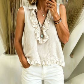 Fashionable V-neck Ruffled Sleeveless Tank Top (Option: White-M)