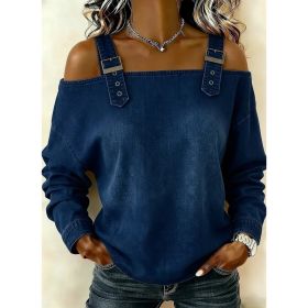 Women's Off-shoulder Strap Long-sleeve Top (Option: Dark Blue-M)