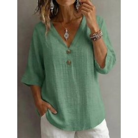V-neck Button-up Loose-fitting Top For Women (Option: Army Green-M)