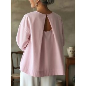 Women's Round Neck Loose Seven Quarter Sleeved Backless Top (Option: Pink-M)