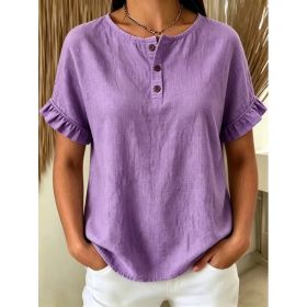 Womens Cotton-Linen Ruffle-Trimmed Button-Up Short-Sleeve Top (Option: Purple-M)