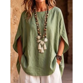 Womens Fashionable Solid-color Round-neck Loose-fit Blouse (Option: Green-M)