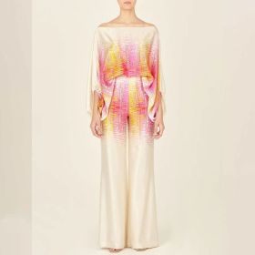 Summer Women's Clothing Printed Round Neck Loose Batwing Sleeve Waist Wide Leg Pants Fashion Casual Set (Option: Yellow And Pink Gradient-M)