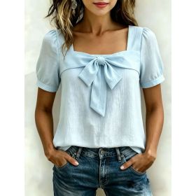 Womens Casual Square-neck Top With A Bow (Option: Sky Blue-M)