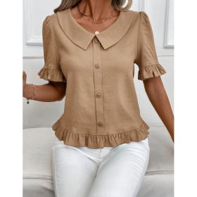 Women's Front-Button Petal-Sleeve Short-Sleeve Summer Fashion (Option: Khaki-M)