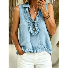Fashionable V-neck Ruffled Sleeveless Tank Top (Option: Sky Blue-M)
