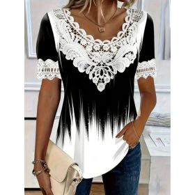 Women's Lace-Patchwork Crew-Neck Short-Sleeve T-Shirt (Option: 07310color-M)