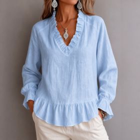 V-neck Pullover Long-sleeve Loose-fitting Womens Top (Option: Sky Blue-L)